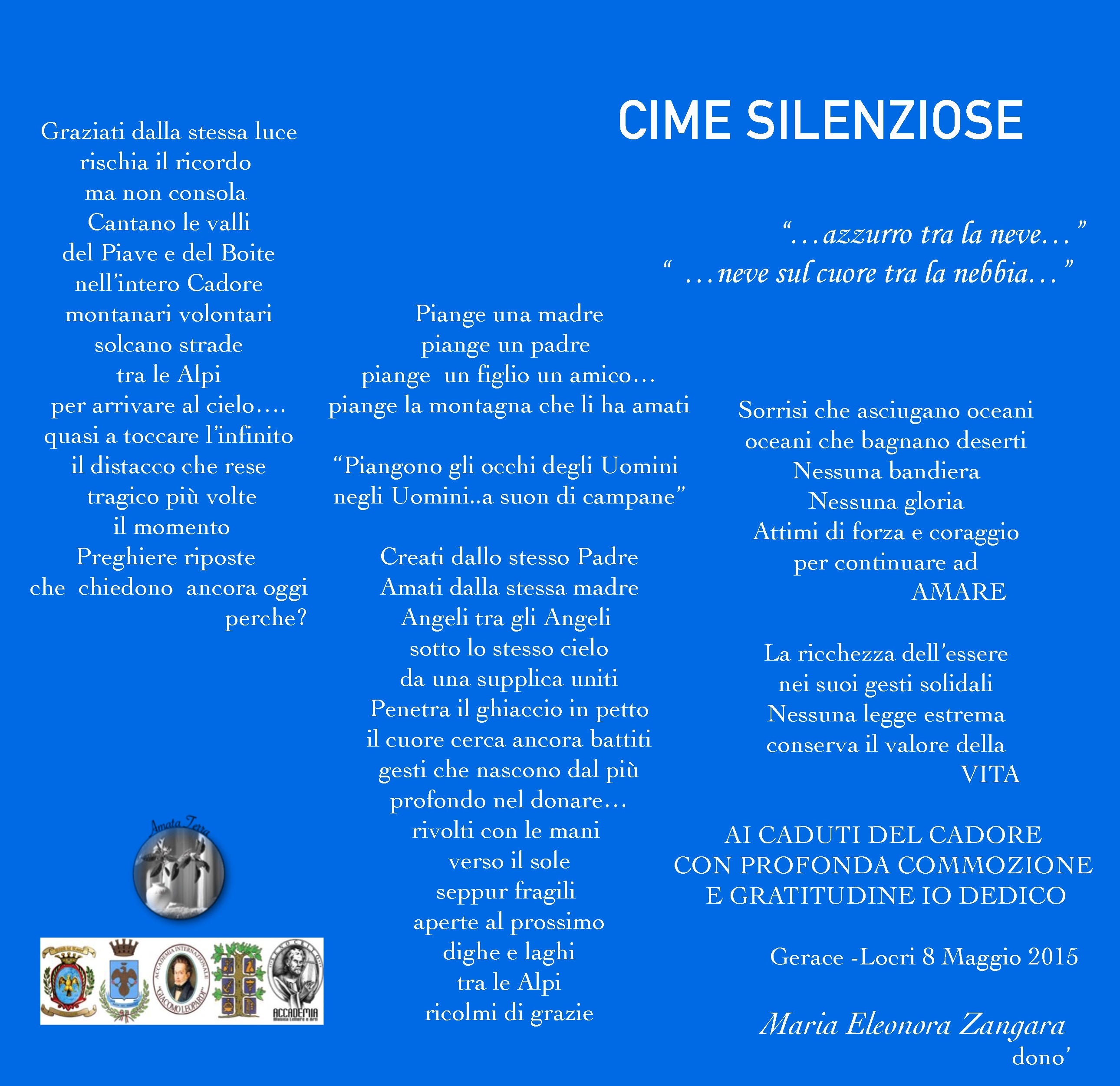 CIME SILENZIOSE–AI CADUTI E VOLONTARI DEL CADORE-MARIA ELEONORA ZANGARA
